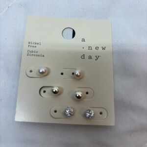 NWT A New Day Pearl and Cubic Zirconia Stud Earrings Nickel Free set of 3